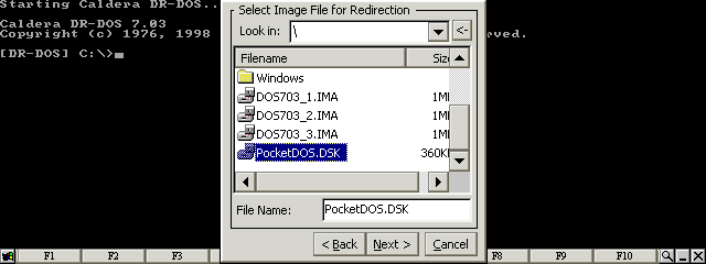 Select the PocketDOS utility disk image