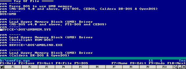 Move the cursor to the line starting: DEVICE=\DOS\UMBMEM.SYS